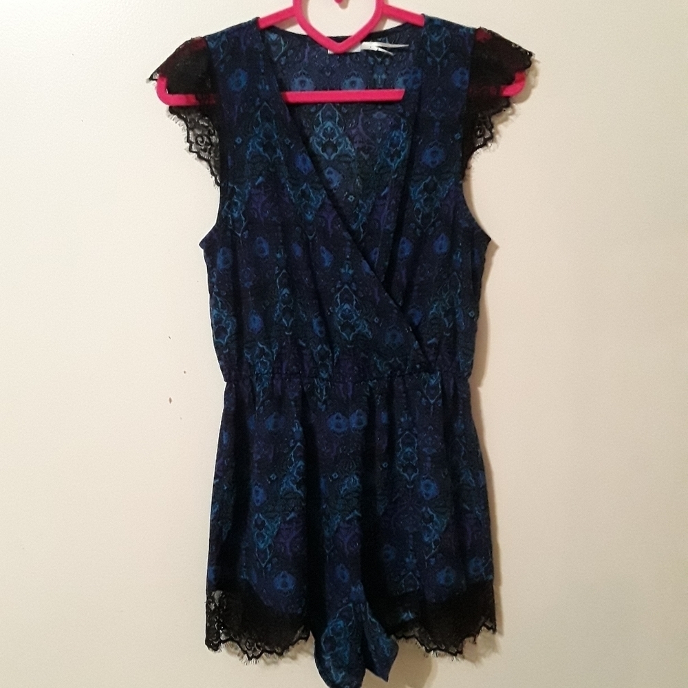 Kim Chi Blue (Women's Small) Ruffle Sleeve Faux Wrap Romper Shorts